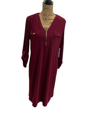 Emma & Michele Burgundy Long-Sleeve Zip-Front Shift Dress